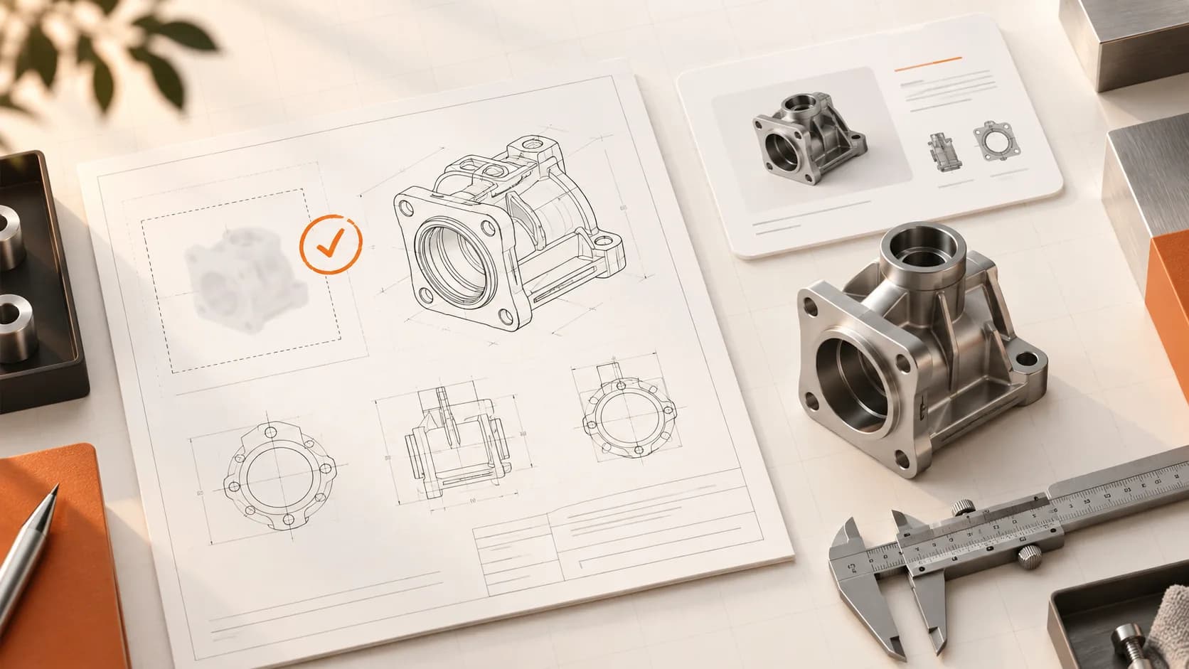 A drafted manual is checked against a mechanical component, supplier reference, and precision measuring tool.