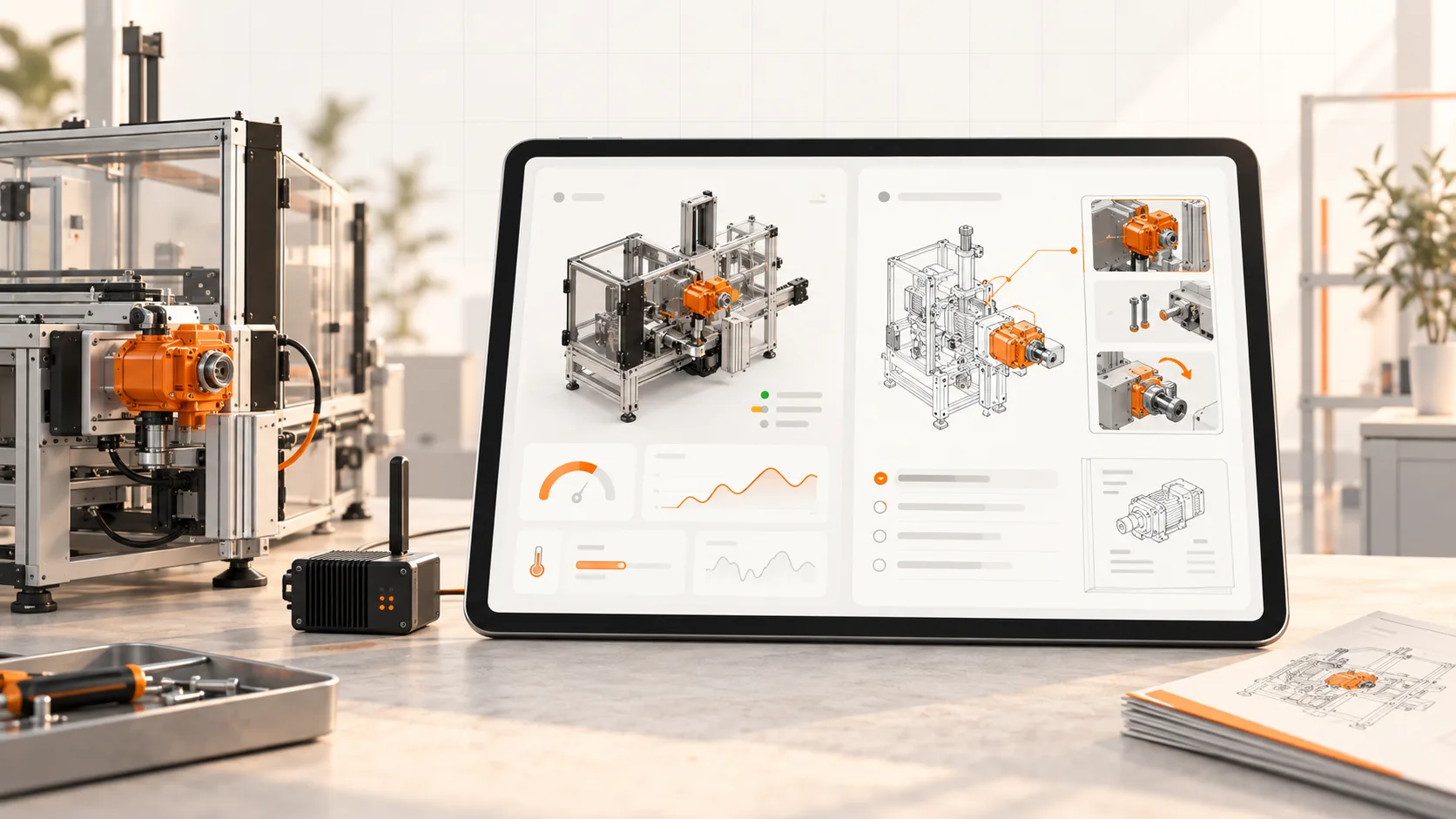 A tablet displays a machine monitoring panel and the matching service procedure beside an industrial gateway.