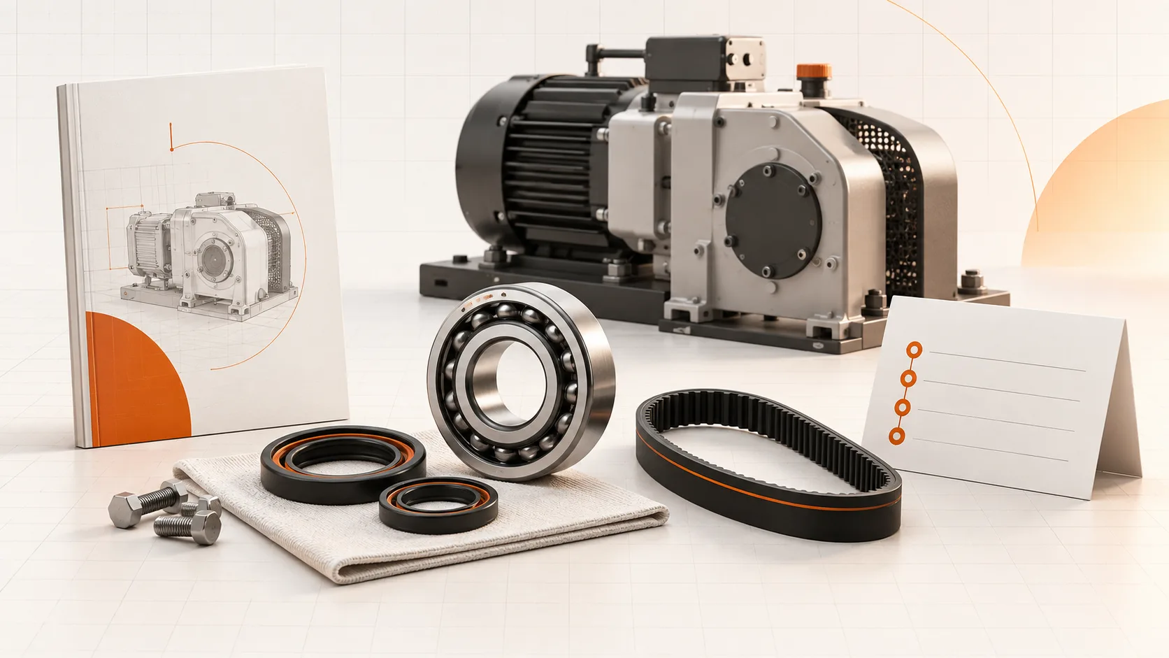 A maintenance booklet and schedule beside a machine’s bearing, seals, and replacement belt.
