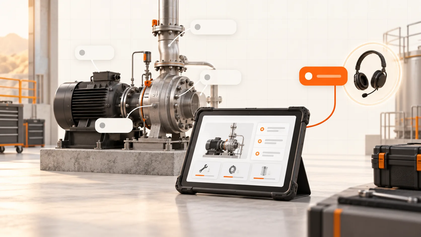 A tablet provides machine instructions while an orange help card remains connected to a service headset.
