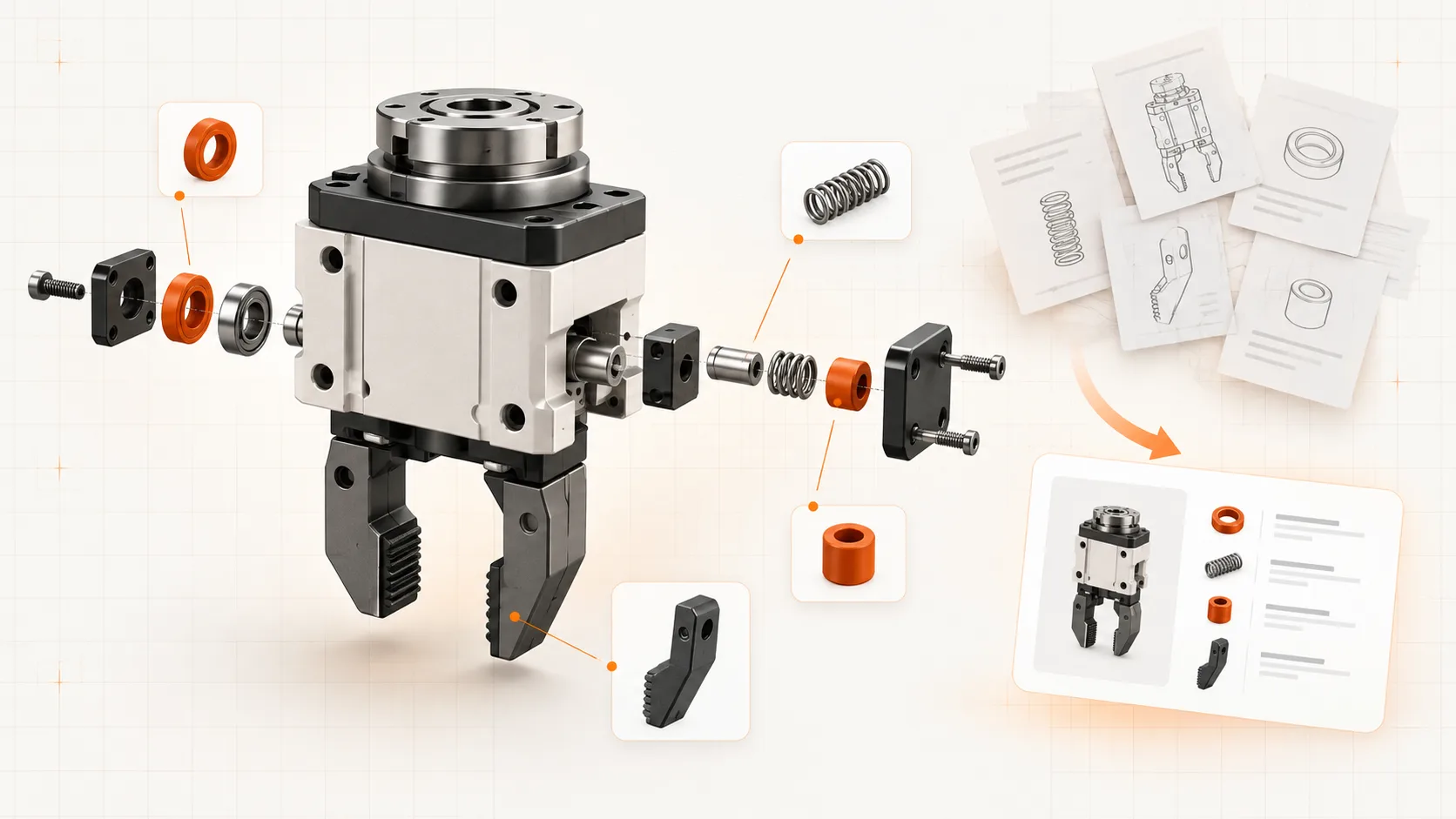An exploded industrial gripper with highlighted service parts beside an organized digital catalog.