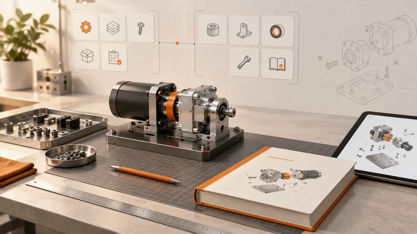 A machine assembly, two groups of task tiles, a reviewed manual, and a tablet parts catalog illustrate a focused documentation pilot.