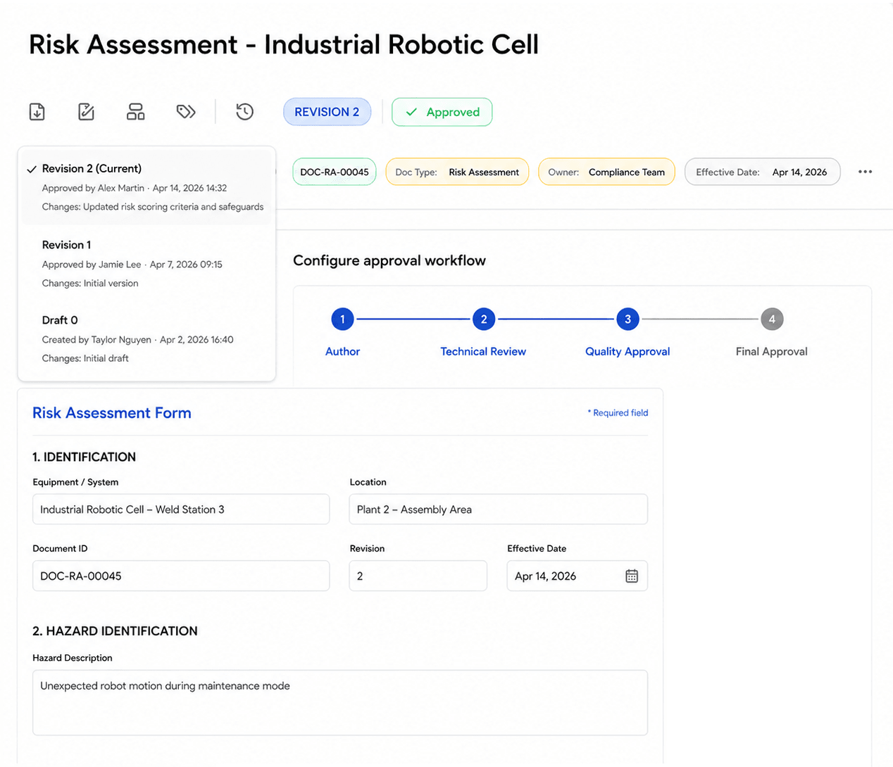 Soply Ensure Compliance module showing approval workflow and audit log