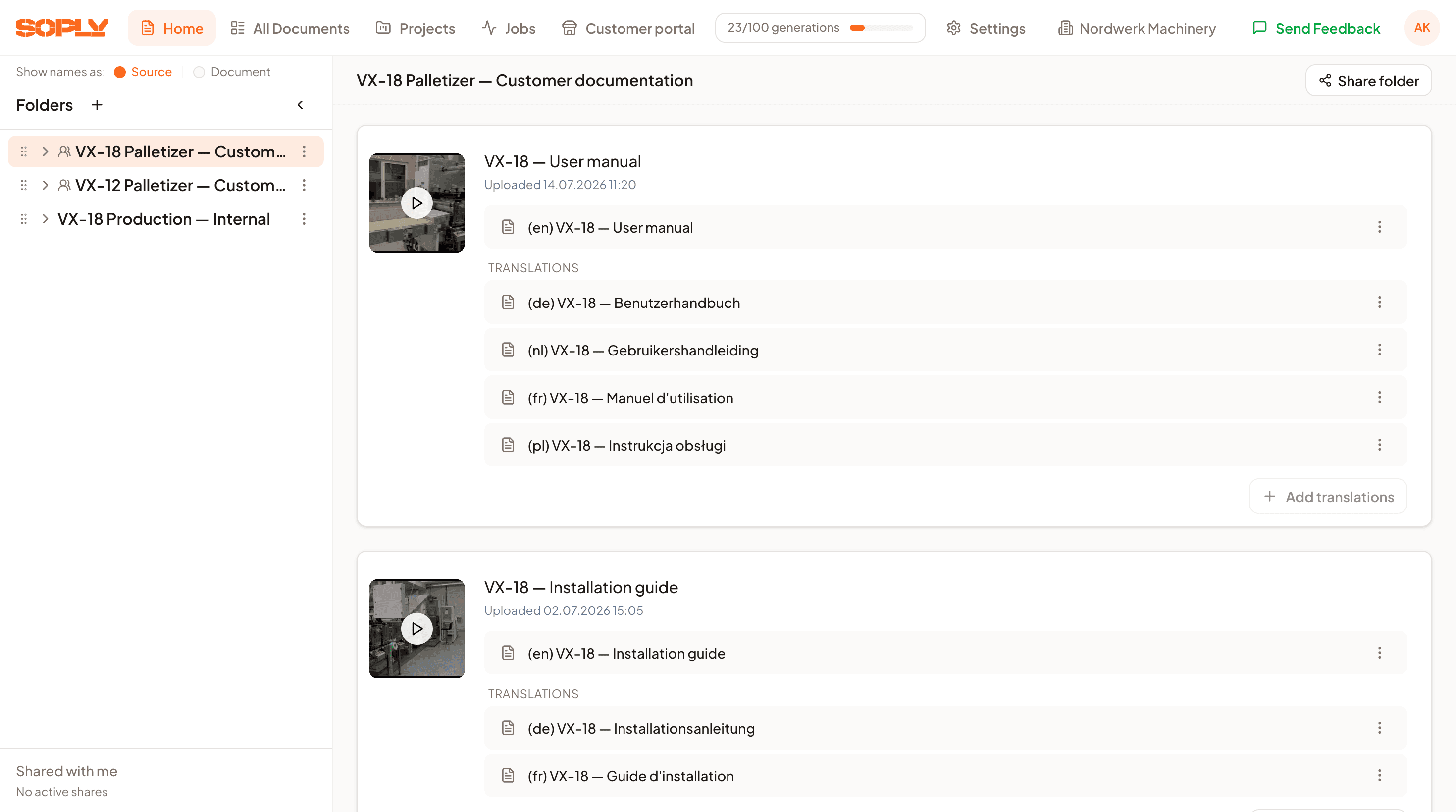 Soply folder view: the full customer documentation set for a VX-18 palletizer, with the user manual translated into five languages