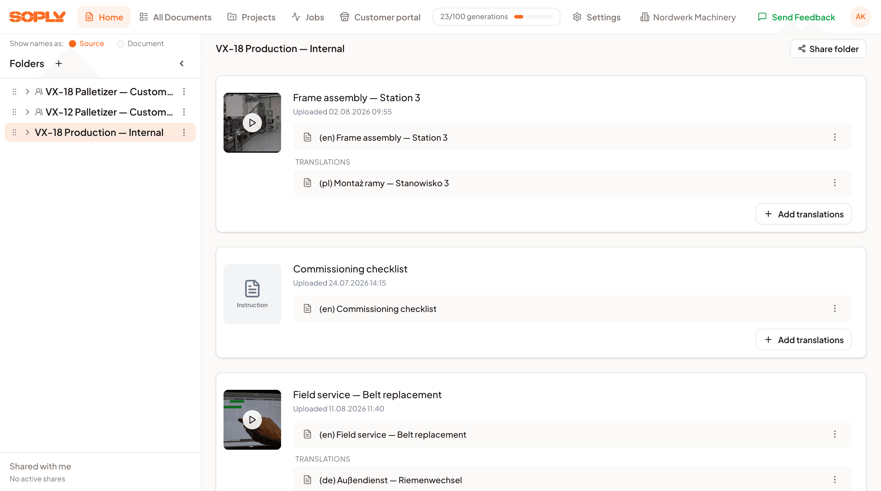 Soply internal folder: assembly, commissioning and field-service instructions visible only to production and service teams