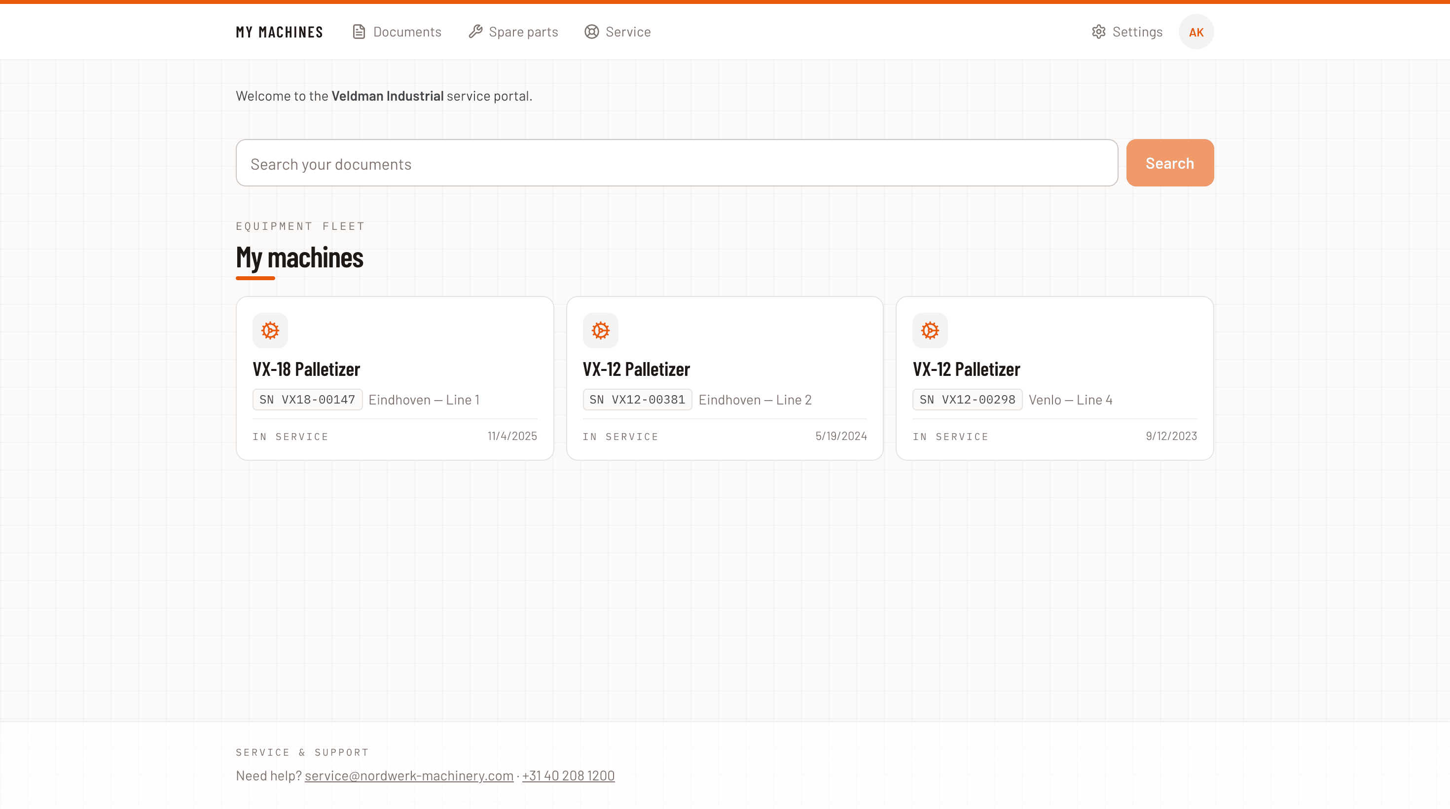 Soply service portal — a customer's machine fleet with serial numbers, locations, and service status